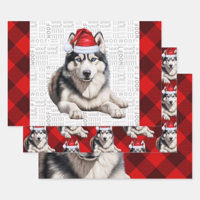 Feuille De Papier Cadeau Chien de Noël Sibérien Husky Red Buffalo Plaid (Lot)