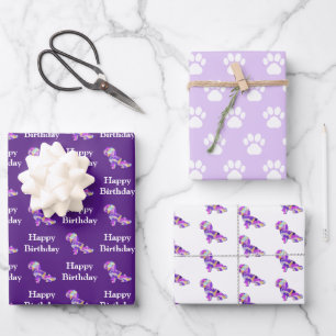 Feuille De Papier Cadeau Chien de Shihpoo Silhouette violet Joyeux annivers