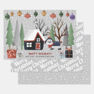 Feuille De Papier Cadeau Chien d'hiver, Joyeux Noël et flocons de neige