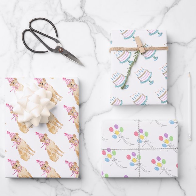 Feuille De Papier Cadeau Chien d'or Anniversaire Casquette Ballons gâteau a (Recto)