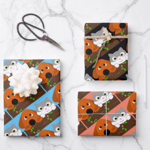 Feuille De Papier Cadeau Chien et chat sur une branche