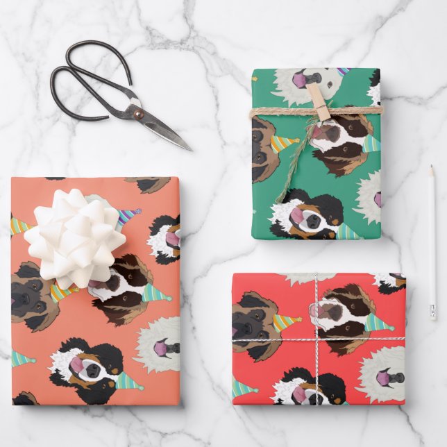 Feuille De Papier Cadeau Chien mignon se reproduit Anniversaire  (Recto)