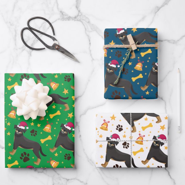 Feuille De Papier Cadeau Chien Rottweiler avec le chapeau du Père Noël (Recto)