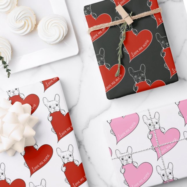 Feuille De Papier Cadeau Chien-taureau français mignon au coeur rouge (Créateur téléchargé)