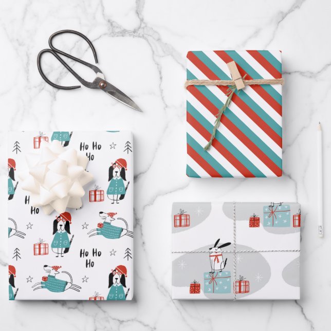 Feuille De Papier Cadeau Chiens de caricature fantaisie de Noël (Recto)