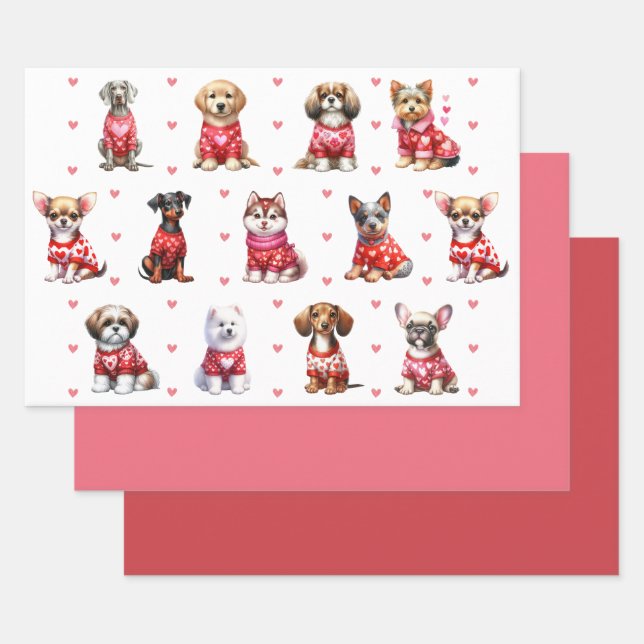 Feuille De Papier Cadeau Chiens de la Saint Valentin mignons en blanc (Lot)