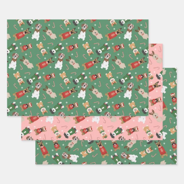 Feuille De Papier Cadeau Chiens de Noël Motif Rouge Vert (Lot)