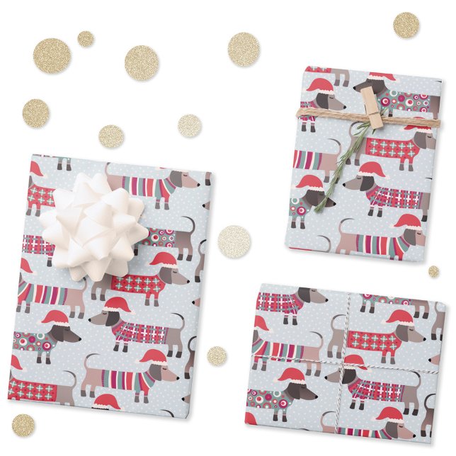 Feuille De Papier Cadeau Chiens de saucisson Dachshund en Casquettes et Kni (Fun Christmas Dachshund Wiener Sausage dog pattern holiday gift wrapping paper sheets)