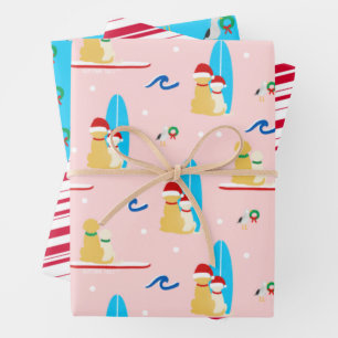 Feuille De Papier Cadeau Chiens de surf de Noël, mouettes Ensemble cadeau 3