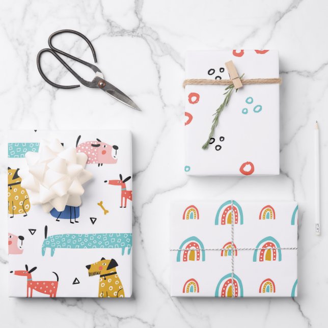 Feuille De Papier Cadeau Chiens Et Motif Rainbows (Recto)