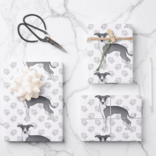 Feuille De Papier Cadeau Chiens Lévriers Italiens Bleus Et Blancs Avec Des