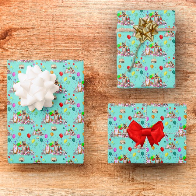 Feuille De Papier Cadeau Chiens mignons Anniversaire Fête Pawty Motif (Créateur téléchargé)