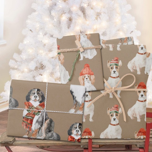 Feuille De Papier Cadeau Chiens rustiques Kraft habillés pour Noël (Rustic Kraft Dogs Dressed for Christmas Holiday Gift Wrapping Paper Sheets Trio)