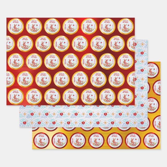 Feuille De Papier Cadeau Chine Papercut Rabbit Nuages Red Gold (Lot)