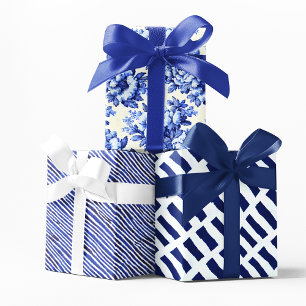 Feuille De Papier Cadeau Chinoiserie Bleu Blanc Floral et rayures