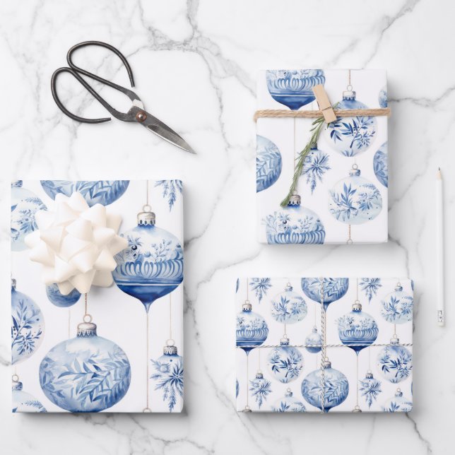 Feuille De Papier Cadeau Chinoiserie Bleu & Blanc Ornements de Noël (Recto)