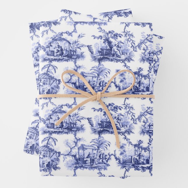Feuille De Papier Cadeau Chinoiserie bleu de Chine (En situation)