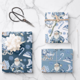Feuille De Papier Cadeau Chinoiserie bleue et blanche Noël Père Noël