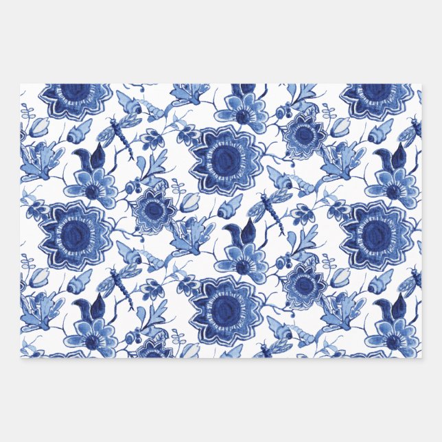 Feuille De Papier Cadeau Chinoiserie florale Découpage asiatique bleu et bl (Devant)