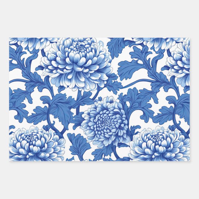Feuille De Papier Cadeau Chinoiserie Florale Peony bleu et blanc (Devant)