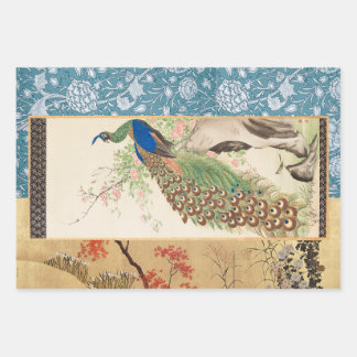 Feuille De Papier Cadeau Chinoiserie Peacock avec Dusty Rose et Faded Blue