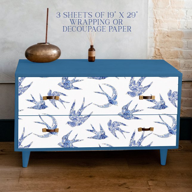 Feuille De Papier Cadeau Chinoiserie Swallow Bird Blue and White Decoupage (Créateur téléchargé)