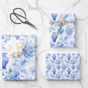 Feuille De Papier Cadeau Chinoiserie Toile Bleu & Blanc Vases Florales