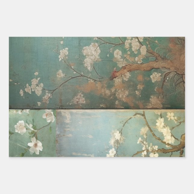 Feuille De Papier Cadeau Chinoiserie Vert et Pomme vieilles fleurs 1 (Devant)