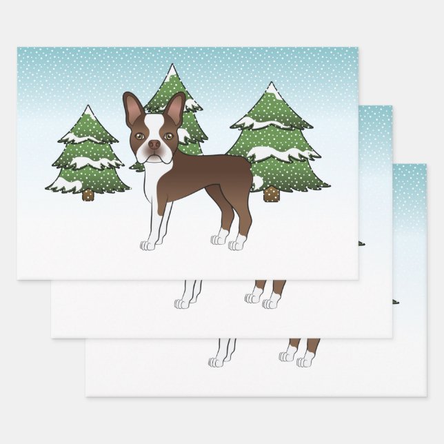 Feuille De Papier Cadeau Chocolat Brown Boston Terrier Dans Une Forêt D'Hiv (Lot)