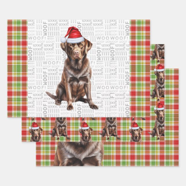 Feuille De Papier Cadeau Chocolat Lab Chien rouge et vert Plaid Noël (Lot)