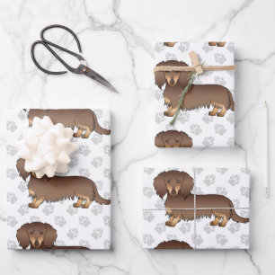 Feuille De Papier Cadeau Chocolat & Tan Poil Long Motif & Pattes de Dachshu