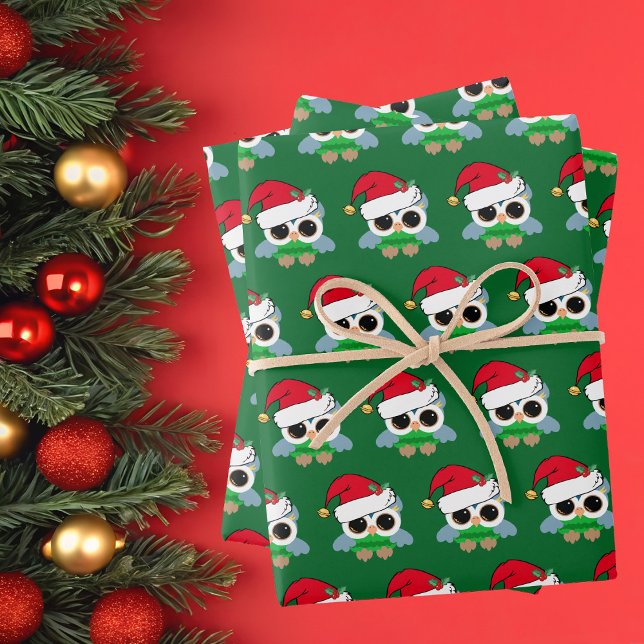 Feuille De Papier Cadeau Chouette de Noël verte (Créateur téléchargé)