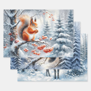 Feuille De Papier Cadeau Chouette des bois sérène faune forestière hivernal