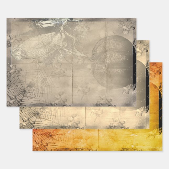 Feuille De Papier Cadeau Chouette d'Halloween et Citrouille Déplaisant Vint (Lot)