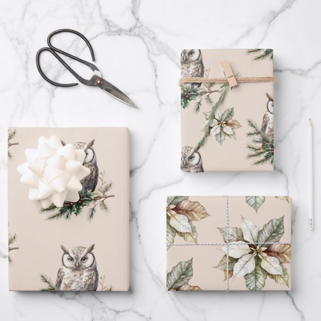 Feuille De Papier Cadeau Chouettes et fleurs rustiques (Recto)