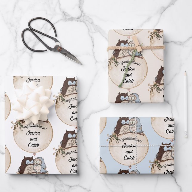 Feuille De Papier Cadeau Chouettes Mariage Félicitations Ajouter Noms Migno (Recto)