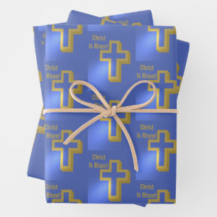 Feuille De Papier Cadeau Christ est ressuscité Motif Gold Cross Blue Holida