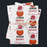 Feuille De Papier Cadeau Christmas Basket-ball Sports Ball Nom personnalisé<br><div class="desc">Une jolie illustration de basket-ball portant un chapeau de Père Noël avec les mots "Joyeux Noël" et votre nom personnalisé. Parfait pour les adultes et les enfants qui aiment jouer au basket-ball. Un papier d'emballage de Noël à thème de basket idéal pour les joueurs de basket-ball, les entraîneurs de basket-ball,...</div>