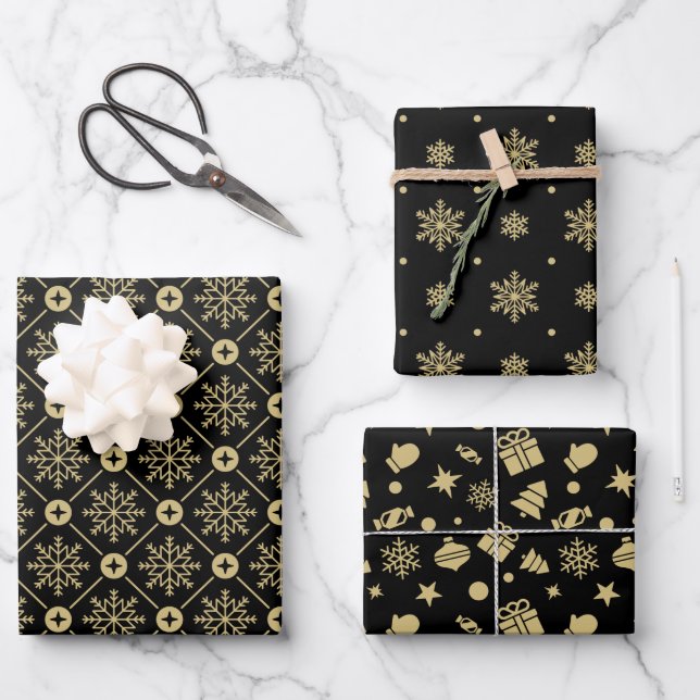 Feuille De Papier Cadeau Christmas Black And Gold Snowflake Pattern (Recto)