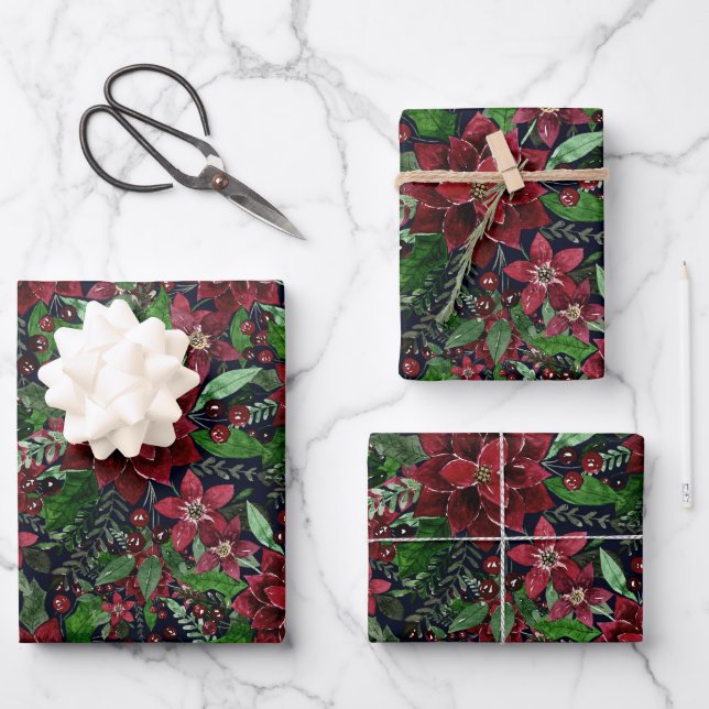 Feuille De Papier Cadeau Christmas Burgundy Poinsettia Flowers Watercolor (Recto)
