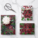 Feuille De Papier Cadeau Christmas Burgundy Poinsettia Flowers Watercolor<br><div class="desc">Ce motif magnifique et artistique est parfait pour les fêtes de Noël. Il présente des poinsettias d'aquarelle peintes à la main, des fleurs, des feuilles de lierre et des motifs de baies de couleur rouge bordeaux, rouge vif, vert de forêt et faux or, sur un arrière - plan bleu marine...</div>