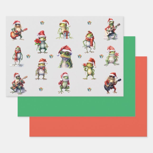 Feuille De Papier Cadeau Christmas Frog Rock Band and Solides Green & Red (Lot)