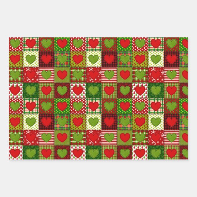 Feuille De Papier Cadeau Christmas Hearts Patchwork Quilt Wrapping Sheets  (Devant)