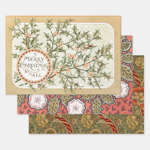 Feuille De Papier Cadeau Christmas Holly Jolie Antique Salutation
