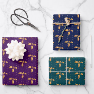 Feuille De Papier Cadeau Christmas Holly sur Purple, Navy et Turquoise