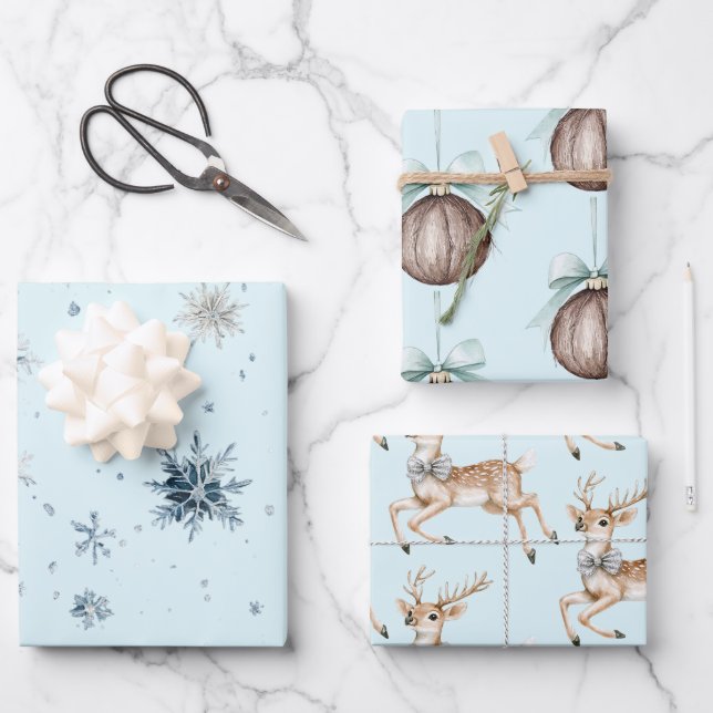 Feuille De Papier Cadeau Christmas Light Blue Snowflakes Deer Coconut   (Recto)