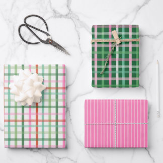 Feuille De Papier Cadeau Christmas Plaids - Green & Pink White