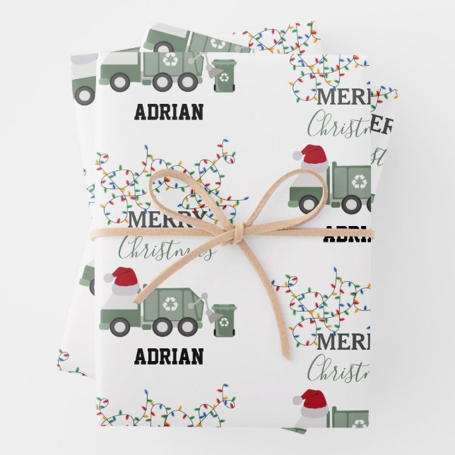 Feuille De Papier Cadeau Christmas Recycling Garbage Truck Custom Name  (En situation)