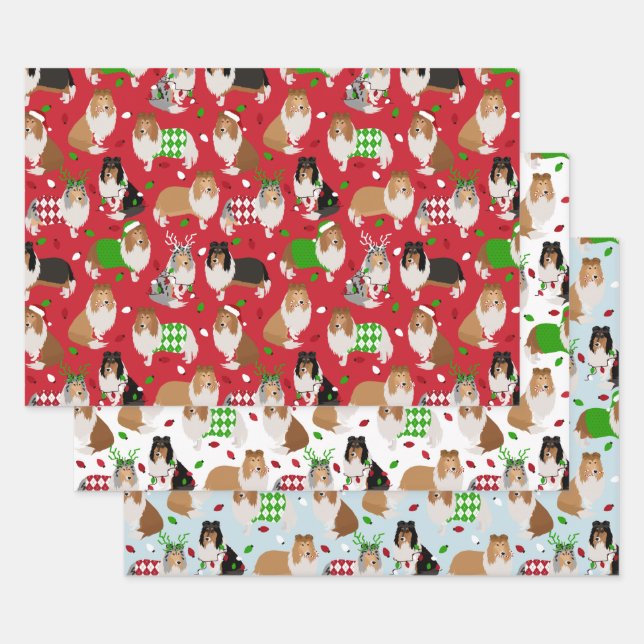 Feuille De Papier Cadeau Christmas Rough Collie (Lot)