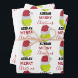 Feuille De Papier Cadeau Christmas Tennis Sports Ball Nom personnalisé<br><div class="desc">Une jolie illustration de balle de tennis portant un chapeau de Père Noël avec des mots "Joyeux Noël" et votre nom personnalisé. Parfait pour les adultes et les enfants qui aiment jouer au tennis. Un papier d'emballage de Noël à thème de tennis idéal pour les joueurs de tennis, les entraîneurs...</div>